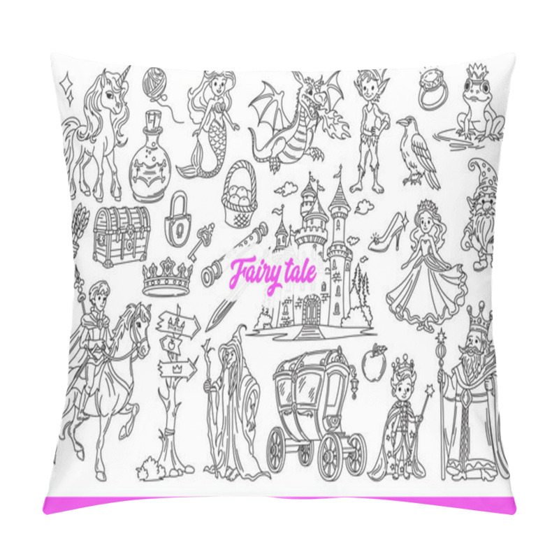 Personality  Fairy Tale Characters And Castles From Legends For Children Books And Fantasy Stories. Fairy Tale Background With Mermaid And Dragon Or Royal Family And Unicorn From Myths For Kids. Hand Drawn. Pillow Covers