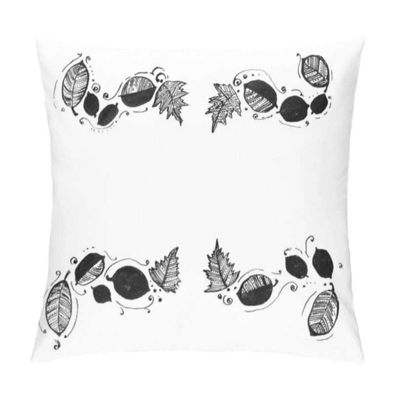 Personality  Frame, Framing Of Leaves. White Background And Copy Space. Leaves Of Different Shapes And Sizes, Filled With Decor. Lines, Dots, Ornament Or Fill. Black Color. Doodle. Dots, Swirls Around. Isolated. Pillow Covers