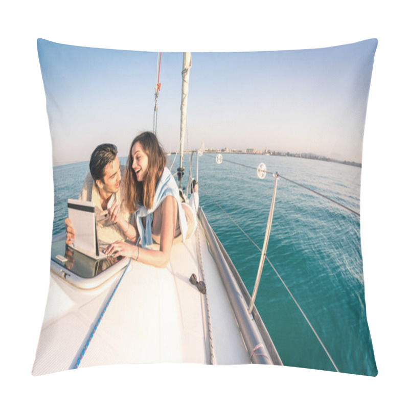 Personality  Young Couple In Love On Sail Boat Having Fun With Tablet - Happy Luxury Lifestyle On Yacht Sailboat - Technology Interaction With Satellite Wifi Connection - Round Horizon From Fisheye Lens Distortion Pillow Covers