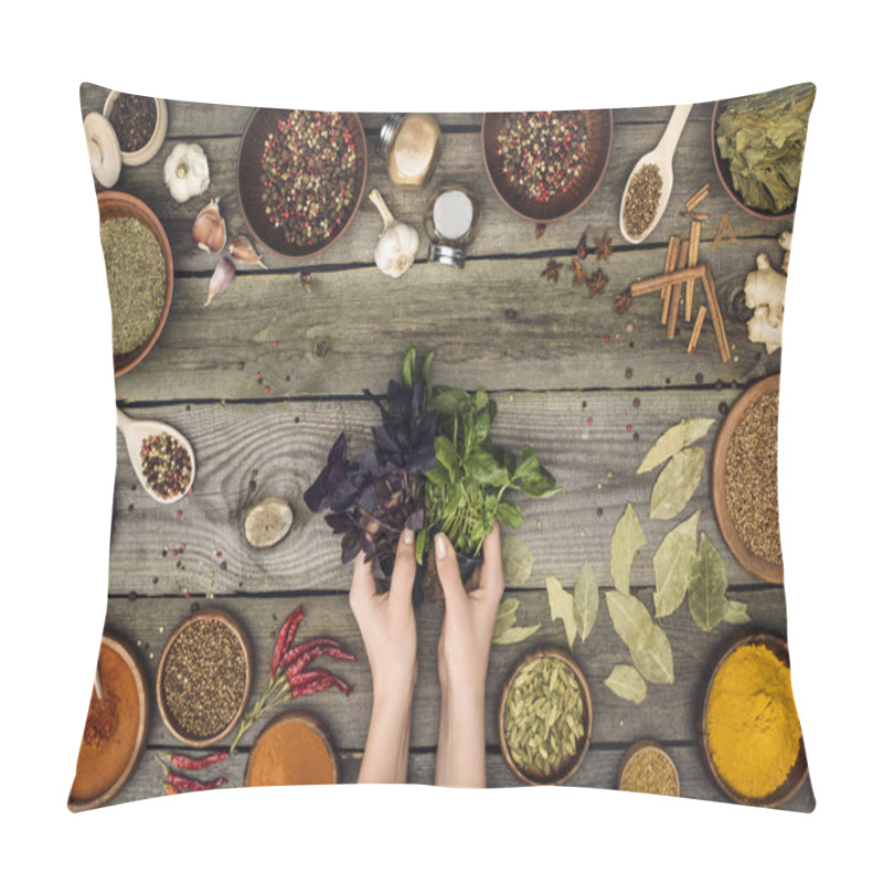 Personality  Woman Holding Basil Bunches Pillow Covers