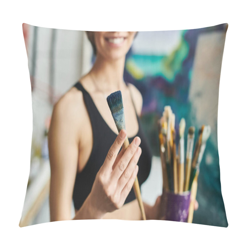 Personality  A Woman Holds A Paintbrush, Ready To Create Art. Pillow Covers