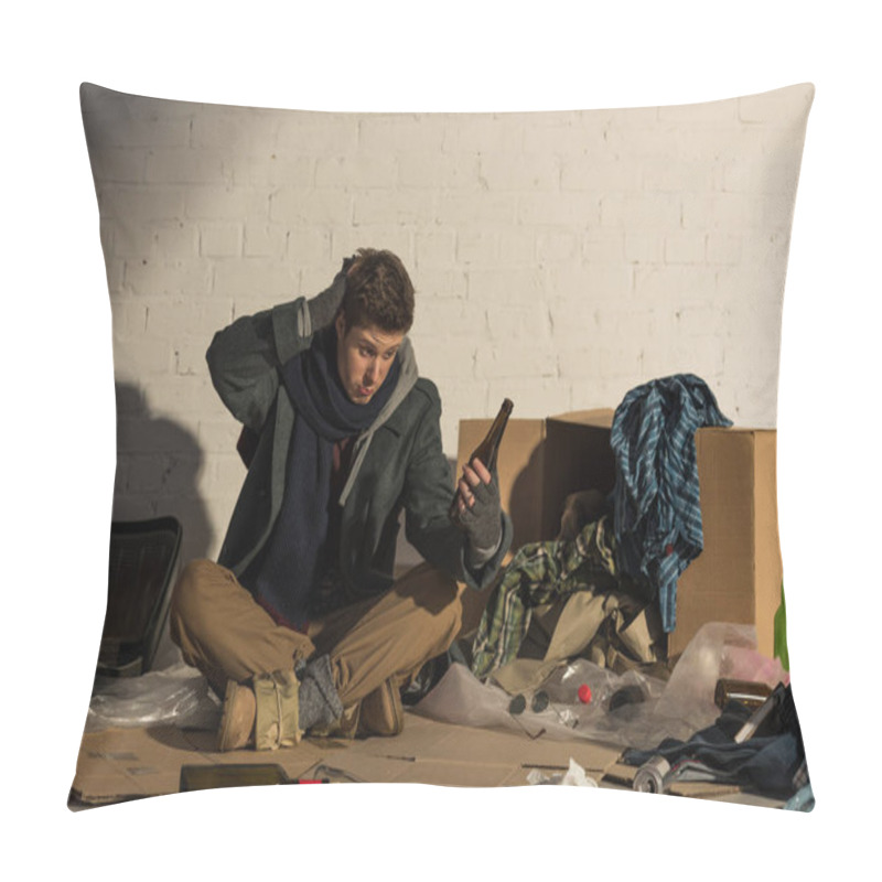 Personality  Disappointed Homeless Man Holding Empty Alcohol Bottle Pillow Covers