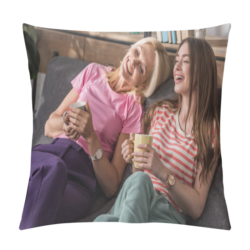 Personality  Happy Mother And Daughter Laughing While Sitting On Sofa And Holding Tea Cups Pillow Covers