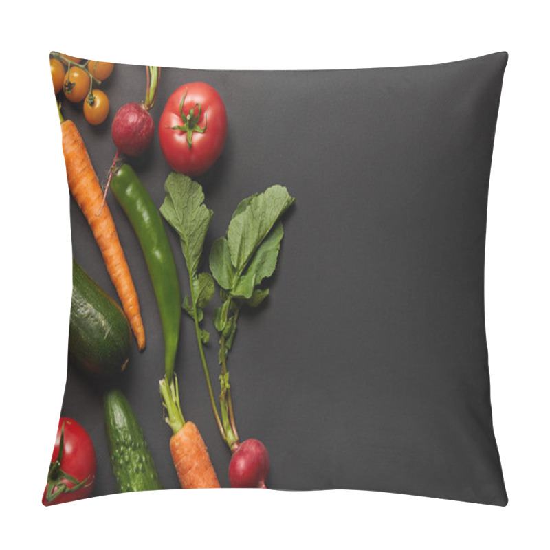 Personality  Top View Of Raw Tasty Vegetables With Green Leaves On Black Background With Copy Space Pillow Covers