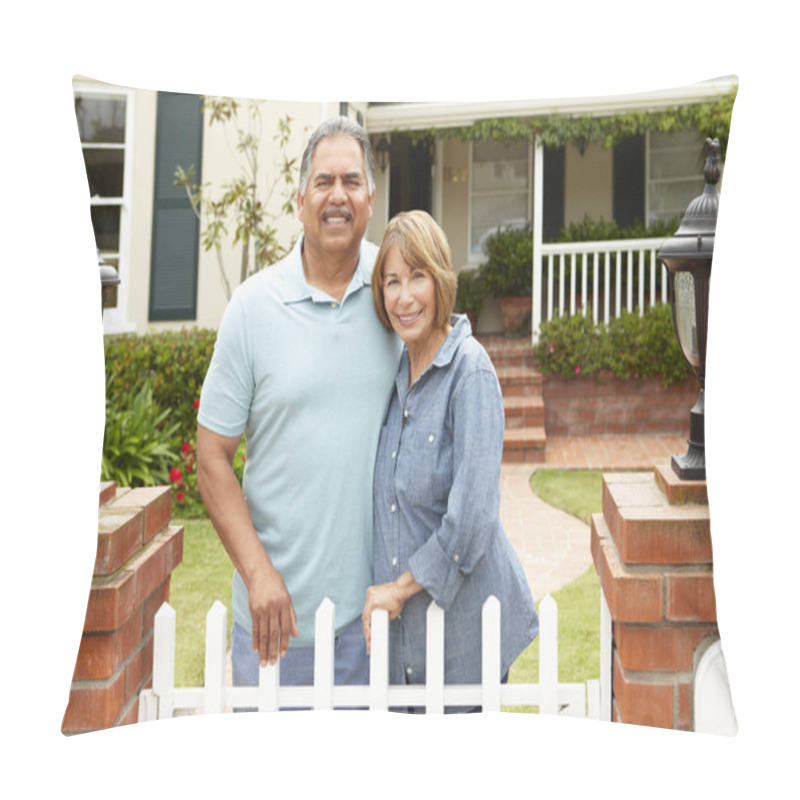 Personality  Senior Hispanic Couple Outside Home Pillow Covers