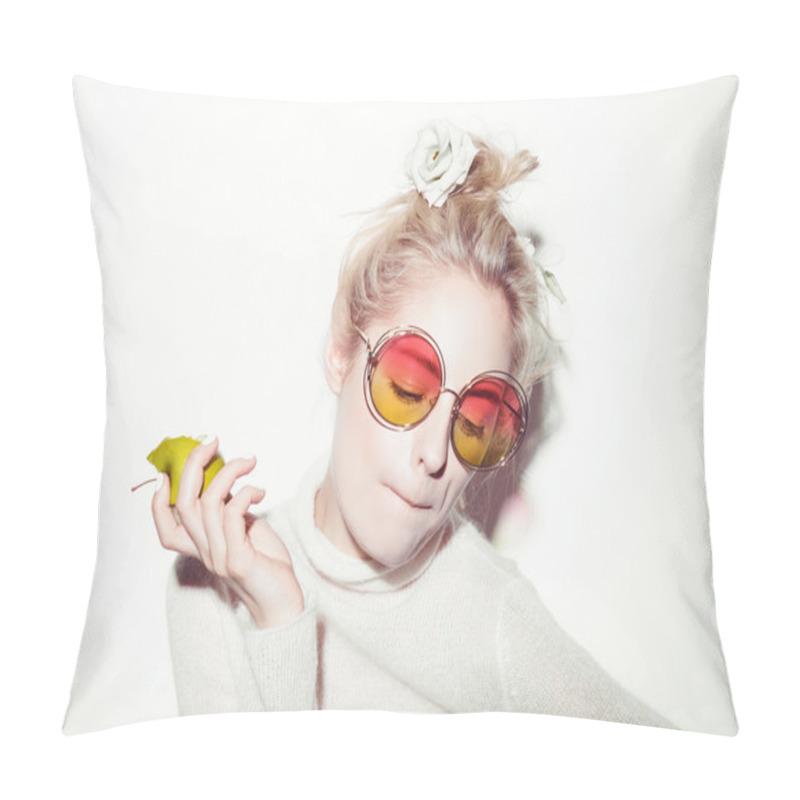 Personality  Portrait Of Cheerful Blonde Hipster Girl Going Crazy Making Funny Face Pillow Covers