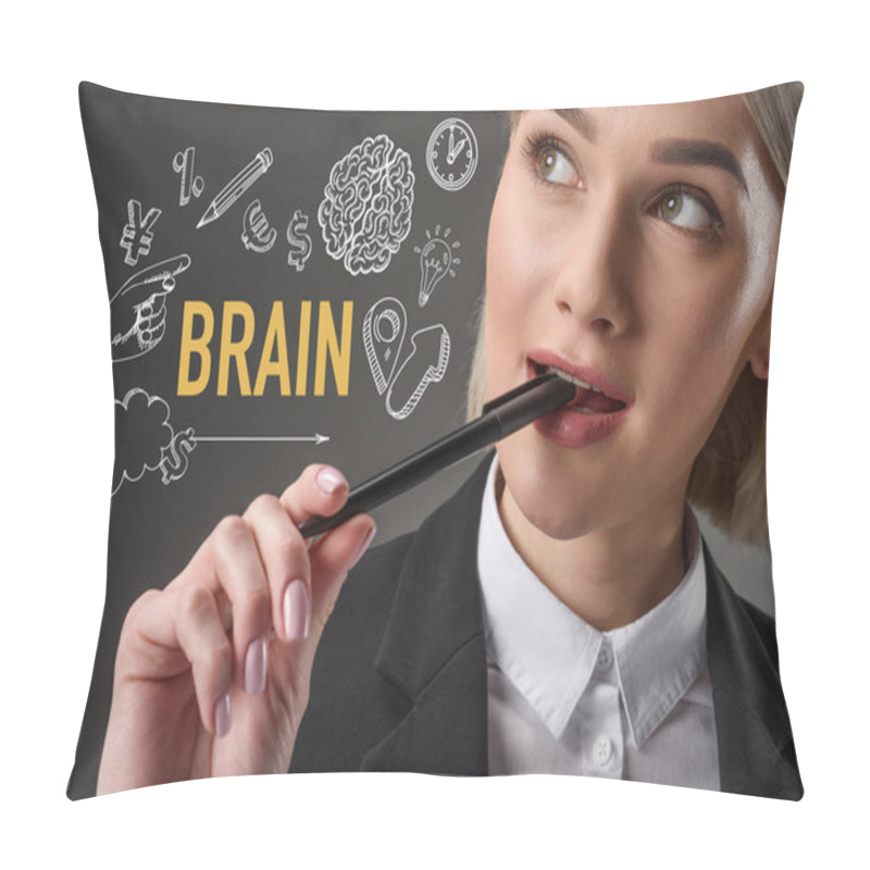 Personality  Portrait Of Beautiful Young Businesswoman With Pen And Word Brain With Icons Isolated On Grey Pillow Covers