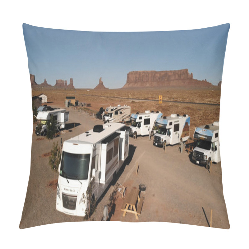 Personality  Utah, United States - July 9, 2018: RV Park (campground) Near The Oljato Monument Valley, Utah. Aerial View, From Above, Drone Shooting. Arizona - Utah Border. Sunset Pillow Covers