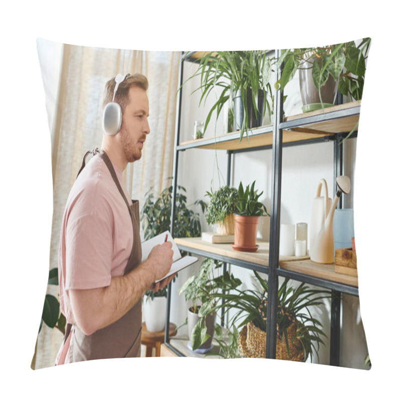 Personality  A Man In Headphones Surrounded By Lush Green Plants In A Small Shop. Pillow Covers