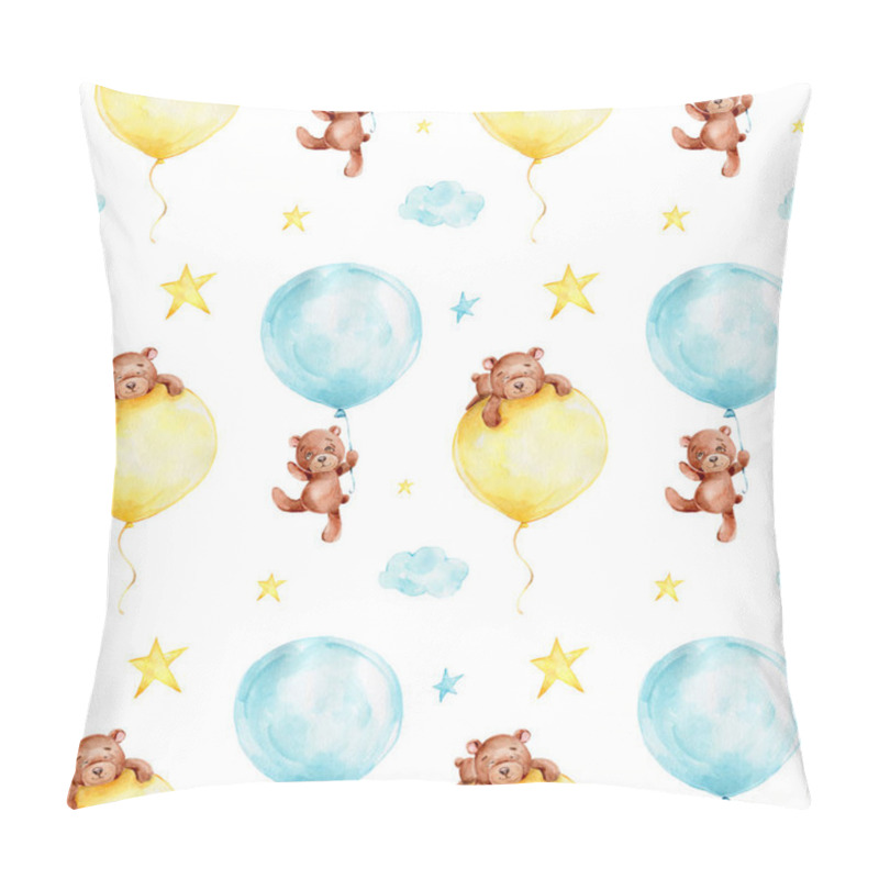 Personality  Seamless Pattern With Cartoon Teddy Bear With Blue And Yellow Balloons, Cloud And Stars; Watercolor Hand Draw Illustration; With White Isolated Background Pillow Covers