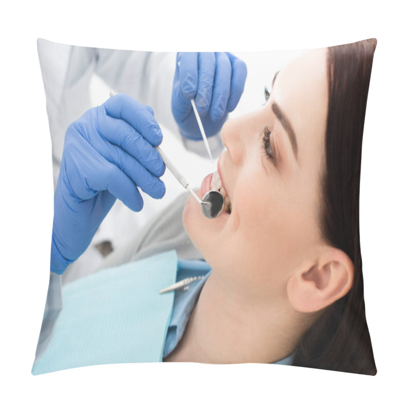 Personality  Close Up View Of Adult Woman Having Teeth Examination By Doctor In Latex Gloves In Clinic Pillow Covers