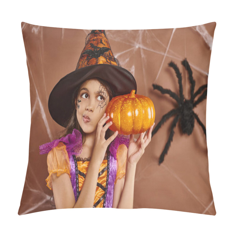 Personality  Confused Girl In Witch Hat And Halloween Costume Standing With Pumpkin On Brown Backdrop, Cobwebs Pillow Covers