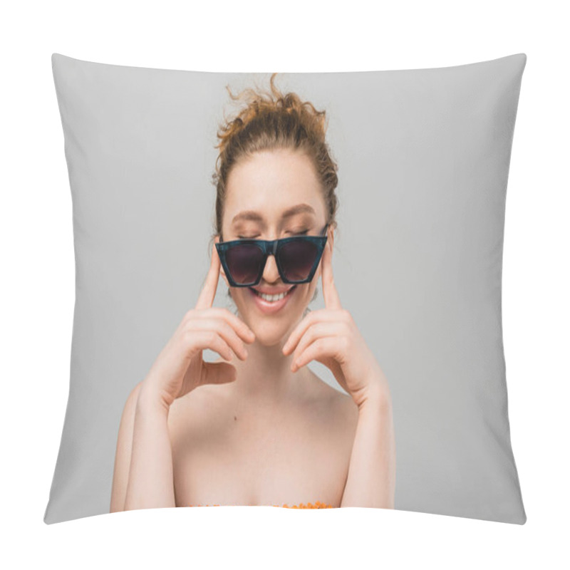 Personality  Cheerful Young Red Haired Woman With Natural Makeup In Sunglasses And Orange Top With Sequins Closing Eyes While Standing Isolated On Grey Background, Trendy Sun Protection Concept, Fashion Model  Pillow Covers