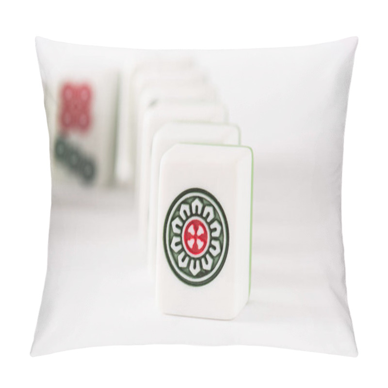 Personality  KYIV, UKRAINE - JANUARY 30, 2019: Selective Focus Of Mahjong Game Tiles On White Background Pillow Covers