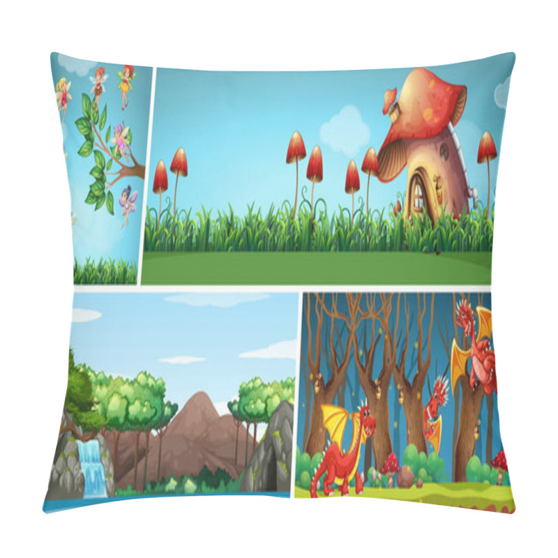 Personality  Four Different Scene Of Fantasy World With Fantasy Places And Fantasy Character Such As Dragon And Mushroom House And Fairies In Fairy Tale Illustration Pillow Covers