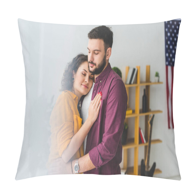 Personality  Young Couple With Closed Eyes Holding Each Other Pillow Covers