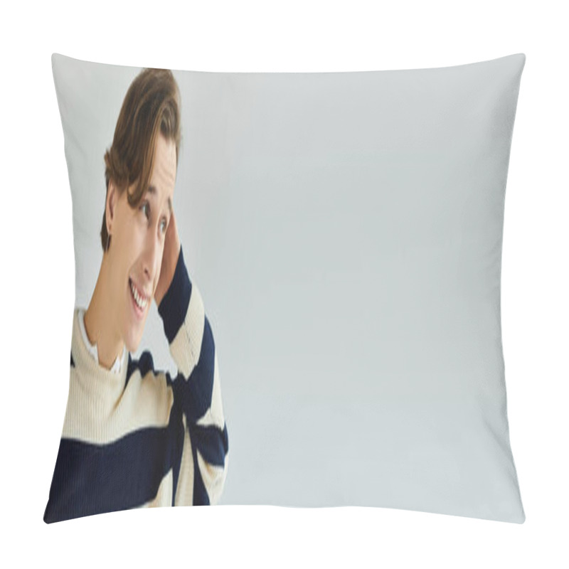 Personality  A Charming Young Man In A Striped Sweater Smiles Warmly, Embodying College Youth Culture, Banner Pillow Covers