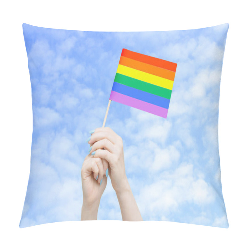 Personality  Flag LGTB In The Hands Of A Caucasian Woman Against The Sky With Clouds. Pillow Covers