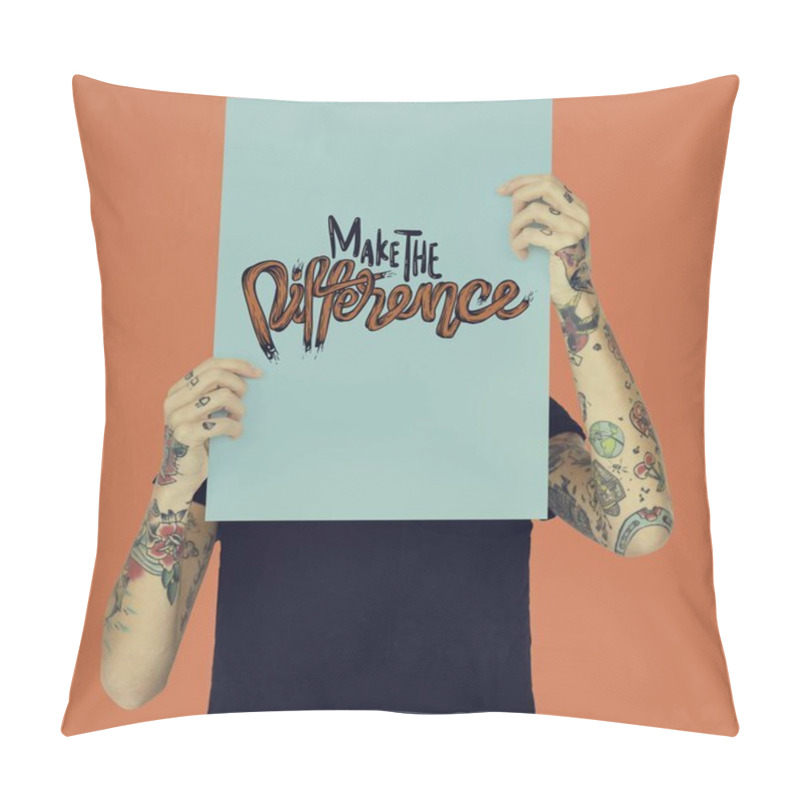 Personality  Woman In Tattoos Holding Placard Pillow Covers