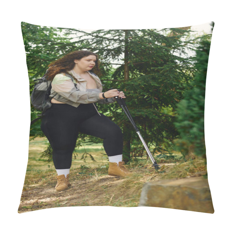 Personality  A Confident Plus Size Woman Takes A Moment To Hike Amidst The Greenery Of A Tranquil Forest. Pillow Covers