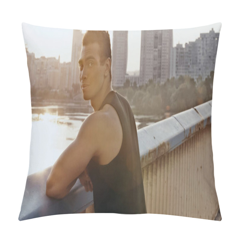 Personality  Athletic Bi-racial Man Standing On City Bridge Over River And Looking At Camera Pillow Covers