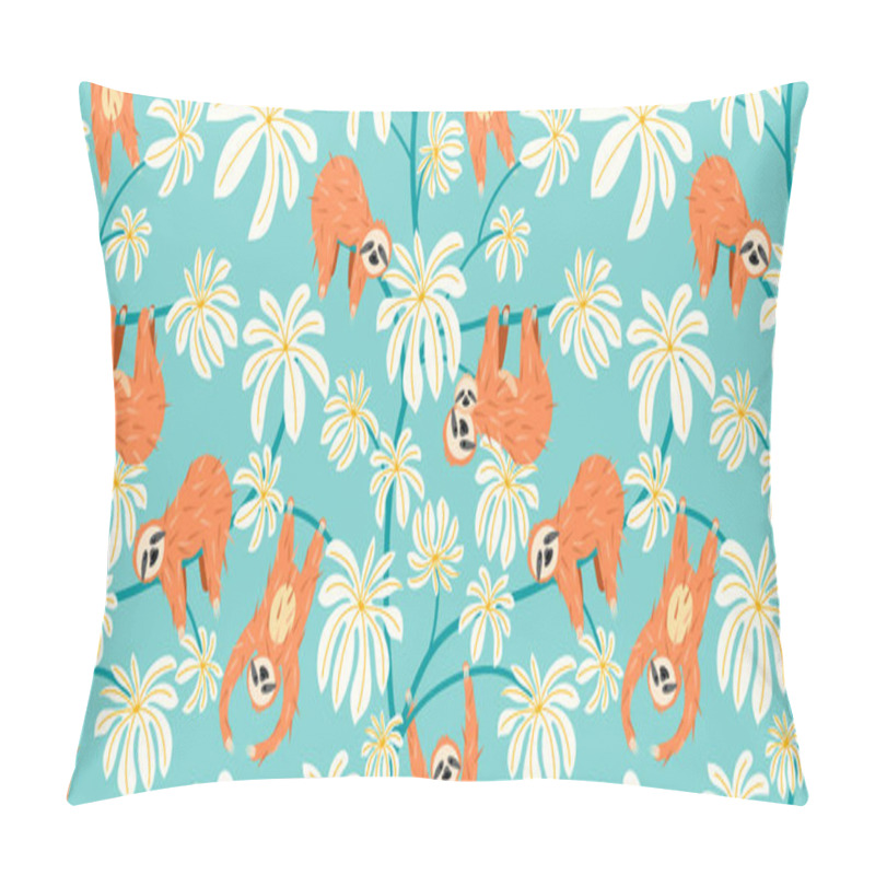 Personality  Cute Sloth On Floral Tree Pattern Design. Seamless Background Funny Lazy Animal Pillow Covers