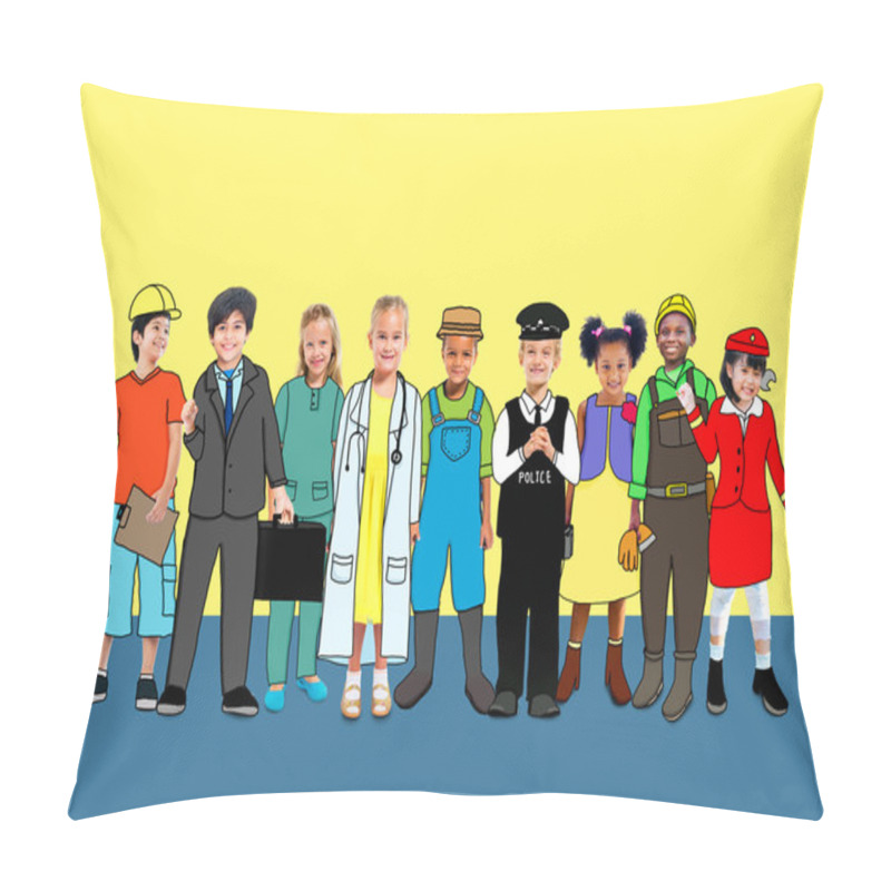 Personality  Group Of Multiethnic Children In Different Professions Pillow Covers