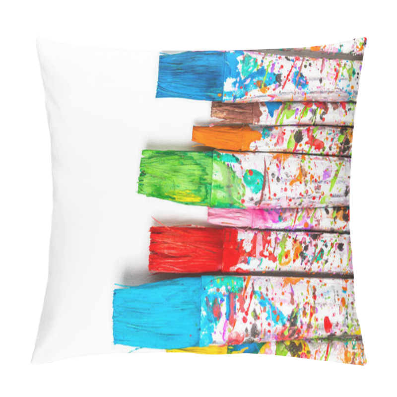 Personality  Artistic Background. Artist Paintbrushes With Colourful Paint Stains Isolated On White Background With Copy Space Pillow Covers