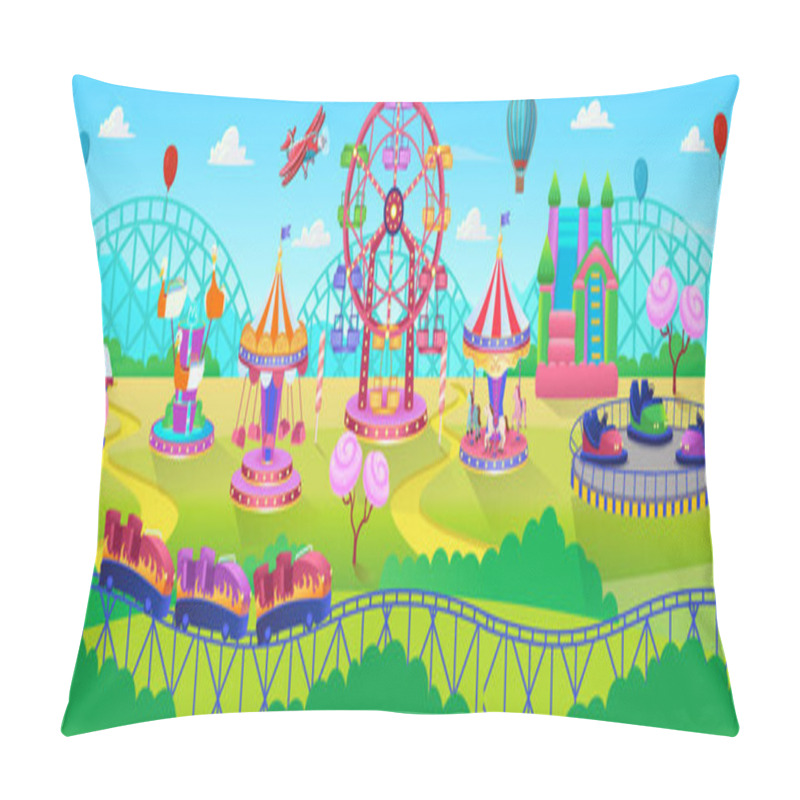 Personality  Theme Park Scene With Electric Cars, Ferris Wheel, Carrousel, Trampoline. Amusement Park. Vector Illustration For Children. Pillow Covers