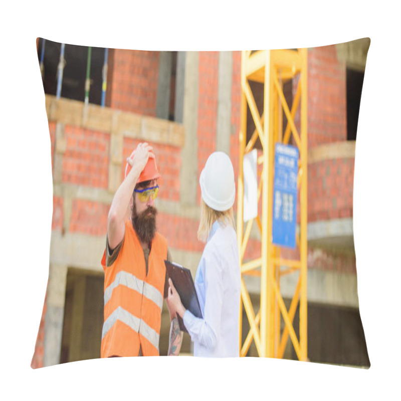 Personality  Discuss Progress Project. Inspector And Bearded Brutal Builder Discuss Construction Progress. Construction Project Inspecting. Construction Inspection, Corrections And Fines. Safety Inspector Concept Pillow Covers