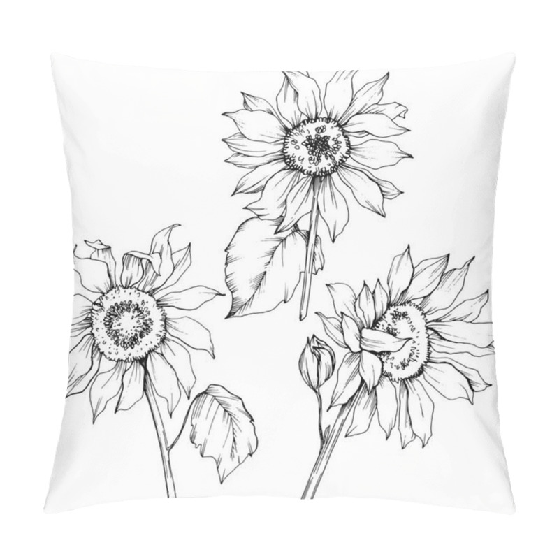 Personality  Vector Sunflower Floral Botanical Flowers. Black And White Engraved Ink Art. Isolated Sunflower Illustration Element. Pillow Covers