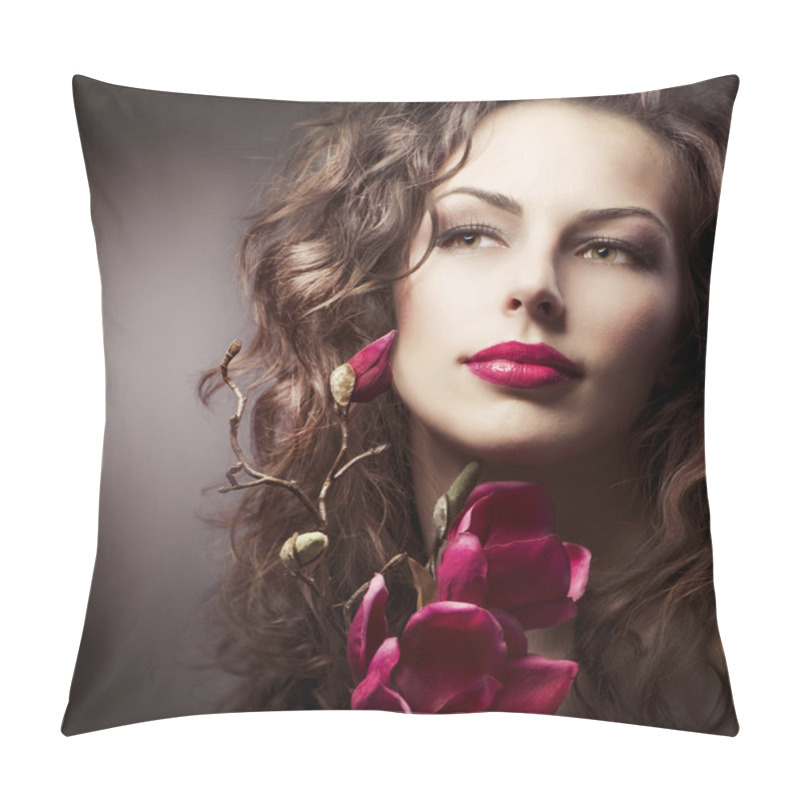 Personality  Fashion Woman With Magnolia Spring Flowers. Sepia Toned Pillow Covers