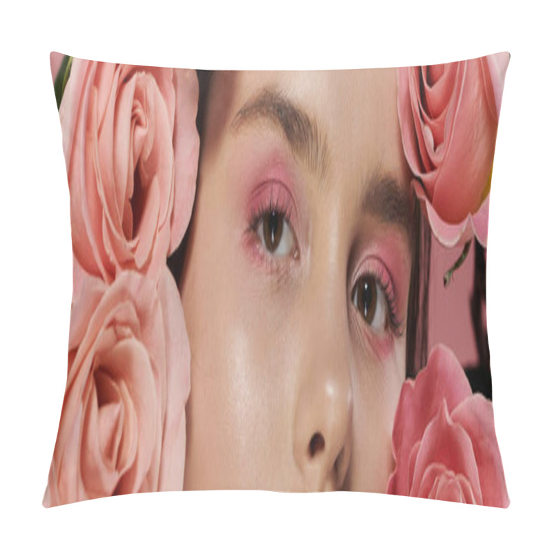 Personality  Close-up Portrait Of A Womans Face Framed By Pink Roses. Pillow Covers