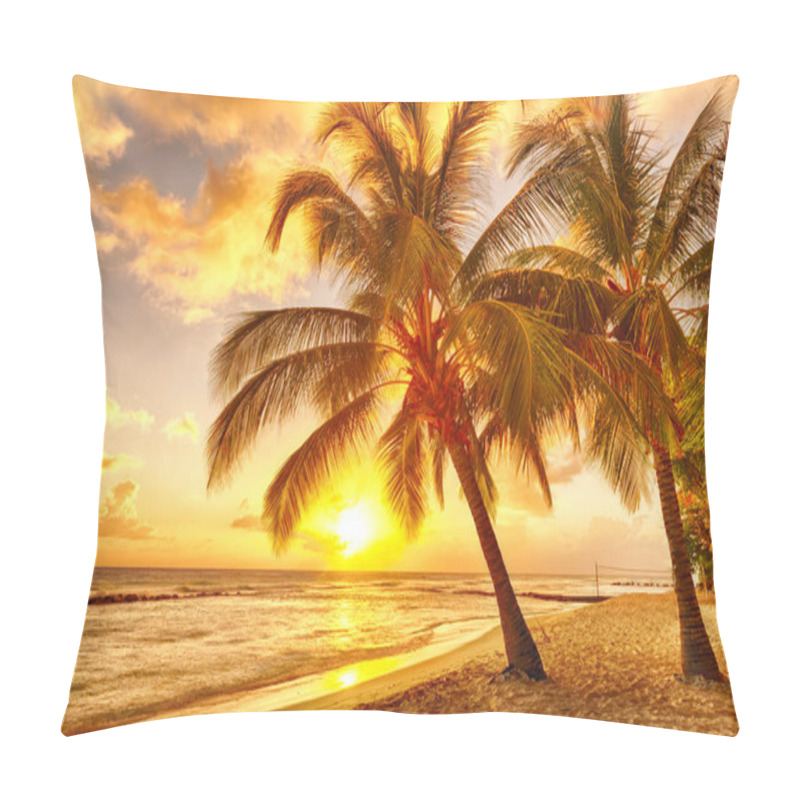 Personality  Beautiful Sunset Over The Sea With A View At Coconut Palms On The White Beach On A Caribbean Island Of Barbados Pillow Covers