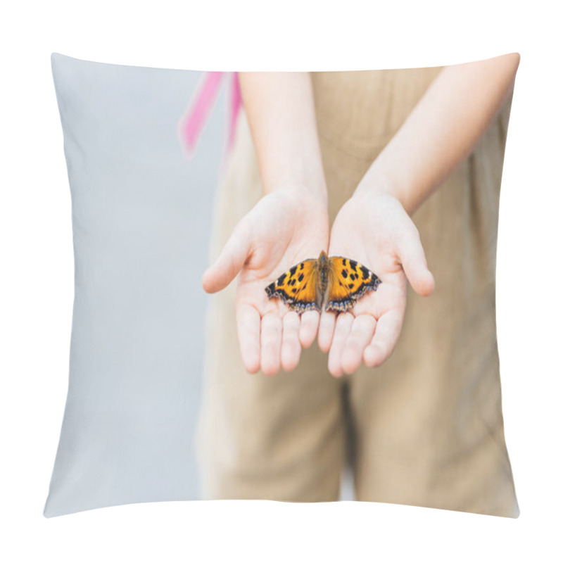 Personality  Cropped Shot Of Little Child Holding Butterfly In Hands Pillow Covers