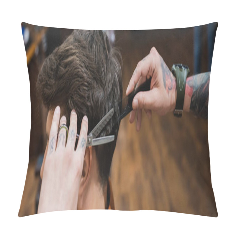 Personality  Tattooed Barber With Comb And Thinning Scissors Making Hairstyle To Brunette Man, Banner Pillow Covers