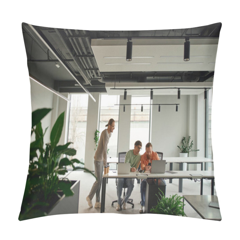 Personality  Creative And Successful Team In Stylish Casual Clothes Working Near Laptops At Workplace In Contemporary Coworking Environment With High Tech Interior, Business Collaboration Concept, Banner Pillow Covers