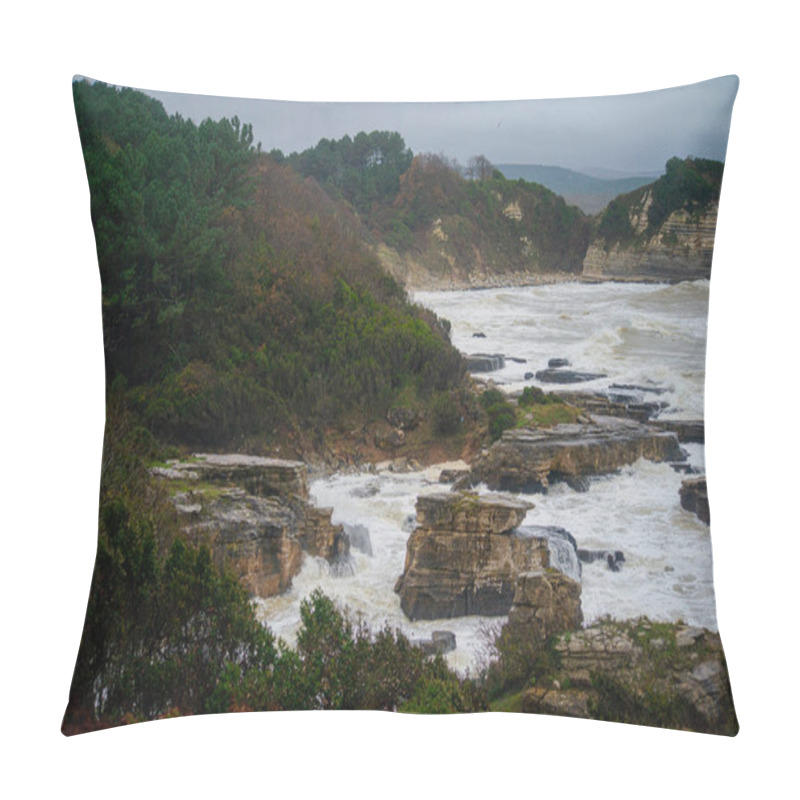 Personality  Experience The Fierce Spectacle Of Harsh Waves Colliding With Rugged Rocks Along The Stormy Coast, Capturing The Untamed Power Of Nature's Coastal Fury. Pillow Covers