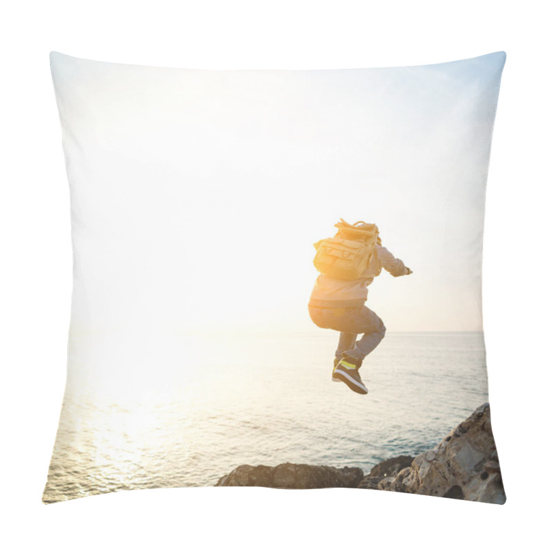 Personality  Brave Man With Backpack Jumping Over Rocks Pillow Covers