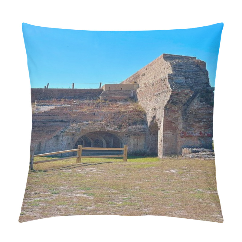 Personality  The Crumbling Brick Ruins Of Fort Pickens, Florida, Stand Resilient Under A Bright Blue Sky. This Historic Structure Reflects The Strength Of Its Past And The Timeless Beauty Of Its Decay. Pillow Covers