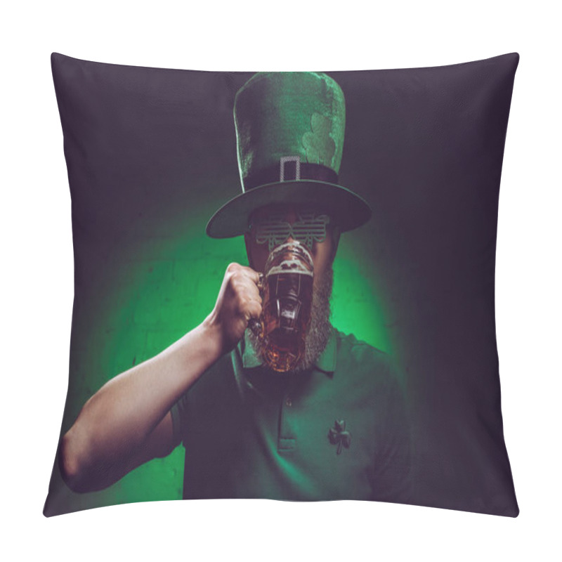 Personality  Young Bearded Man In Green Irish Hat Drinking Beer Pillow Covers