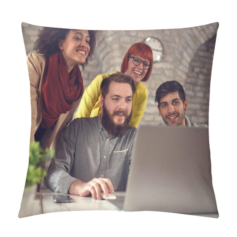 Personality  Successful Teamwork- Young Web Designers Cheering At Computer In Office Pillow Covers