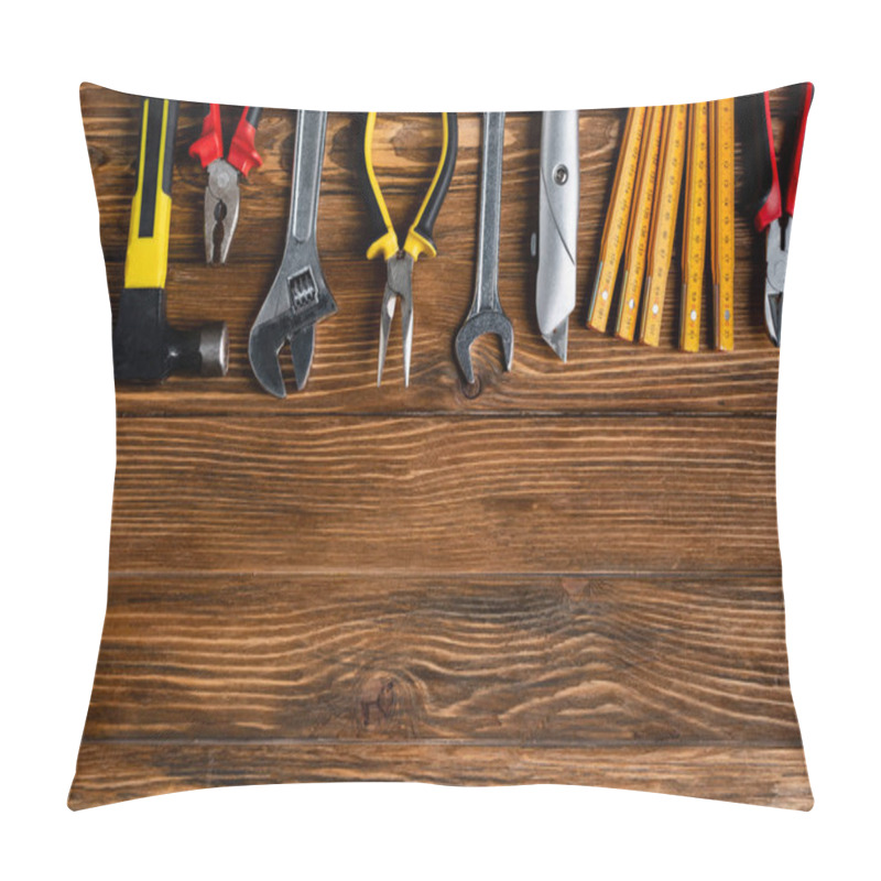 Personality  Top View Of Different Tools On Wooden Surface, Labor Day Concept Pillow Covers