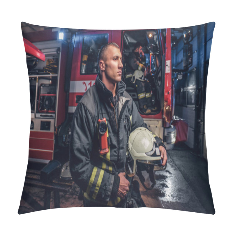 Personality  The Fire Brigade Came To The Call At Night. Handsome Fireman Wearing A Protective Uniform With A Flashlight Included Pillow Covers