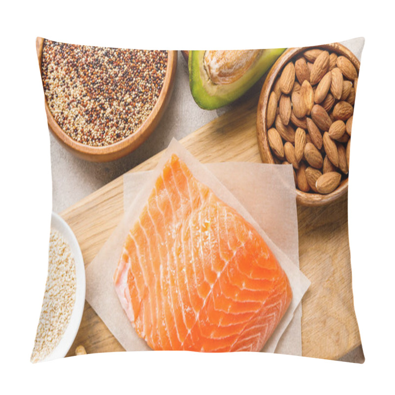 Personality  Top View Of Fresh Raw Salmon On Wooden Chopping Board Near Nuts, Groats And Avocado, Ketogenic Diet Menu Pillow Covers