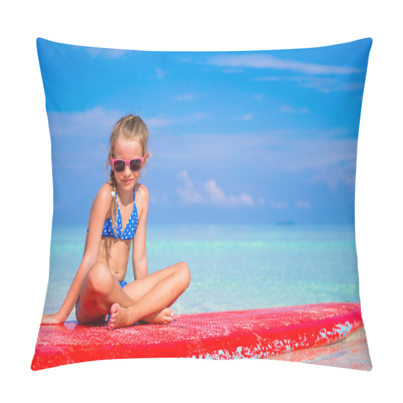 Personality  Little Adorable Girl On A Surfboard In The Turquoise Sea Pillow Covers