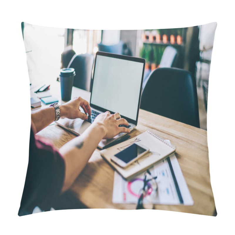 Personality  Cropped View Of Male Hands Keyboarding On Modern Computer Installing App Using Wireless Internet Connection In Office.Man Typing Text On Laptop With Blank Screen Area For Our Design Website Pillow Covers