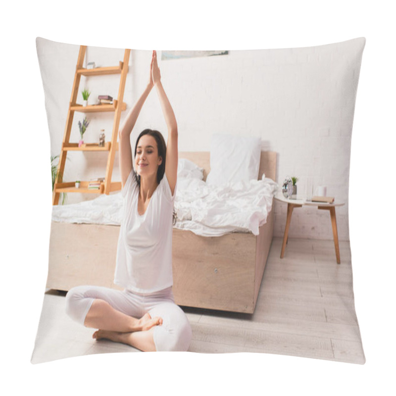 Personality  Young And Barefoot Woman Sitting With Hands Above Head In Bedroom Pillow Covers