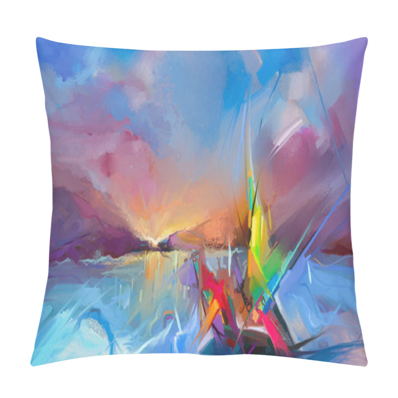 Personality  Colorful Oil Painting On Canvas Texture. Semi- Abstract Image Of Seascape Paintings With Sunlight Background.  Pillow Covers