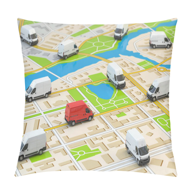 Personality  Fast Delivery Comercial Vans On City Map. Fleet Of Delivery Service. 3d Illustration Pillow Covers